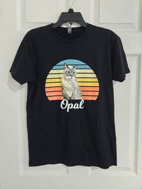 Next Level Apparel “Opal” Cat Graphic T-Shirt Medium Black Retro  100% Cotton